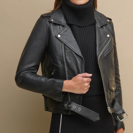 Ladies Biker Leather Jacket Black Full Length