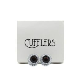Cufflers Designer Cufflinks CU-4002 with Free Gift Box – Silver Circle Shape with Silver Flower Design and Mid Red Crystal
