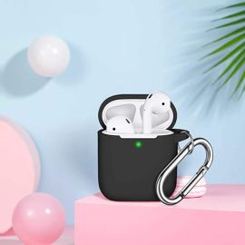 Soft Silicone Protective Cover with Keychain for Women Men Compatible with Apple AirPods 2nd 1st Generation Charging Case Cover- Black