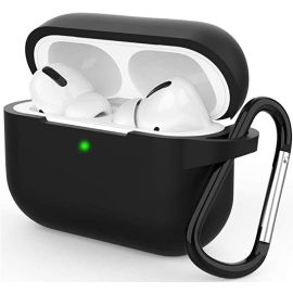 Soft Silicone Protective Cover with Keychain for Women Men Compatible with Apple AirPods Pro Pro2 Charging Case Cover- Black