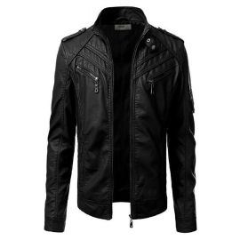 Men's Slim Fit Pu Leather Jacket M 10