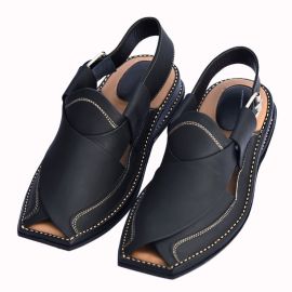 Double Sole Black Zalmi Peshawar Chappal Pure Leather Handmade M-008